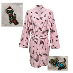 I. Appel Dog Print Fleece Pink Knee Length Belted Robe Womens Size Large